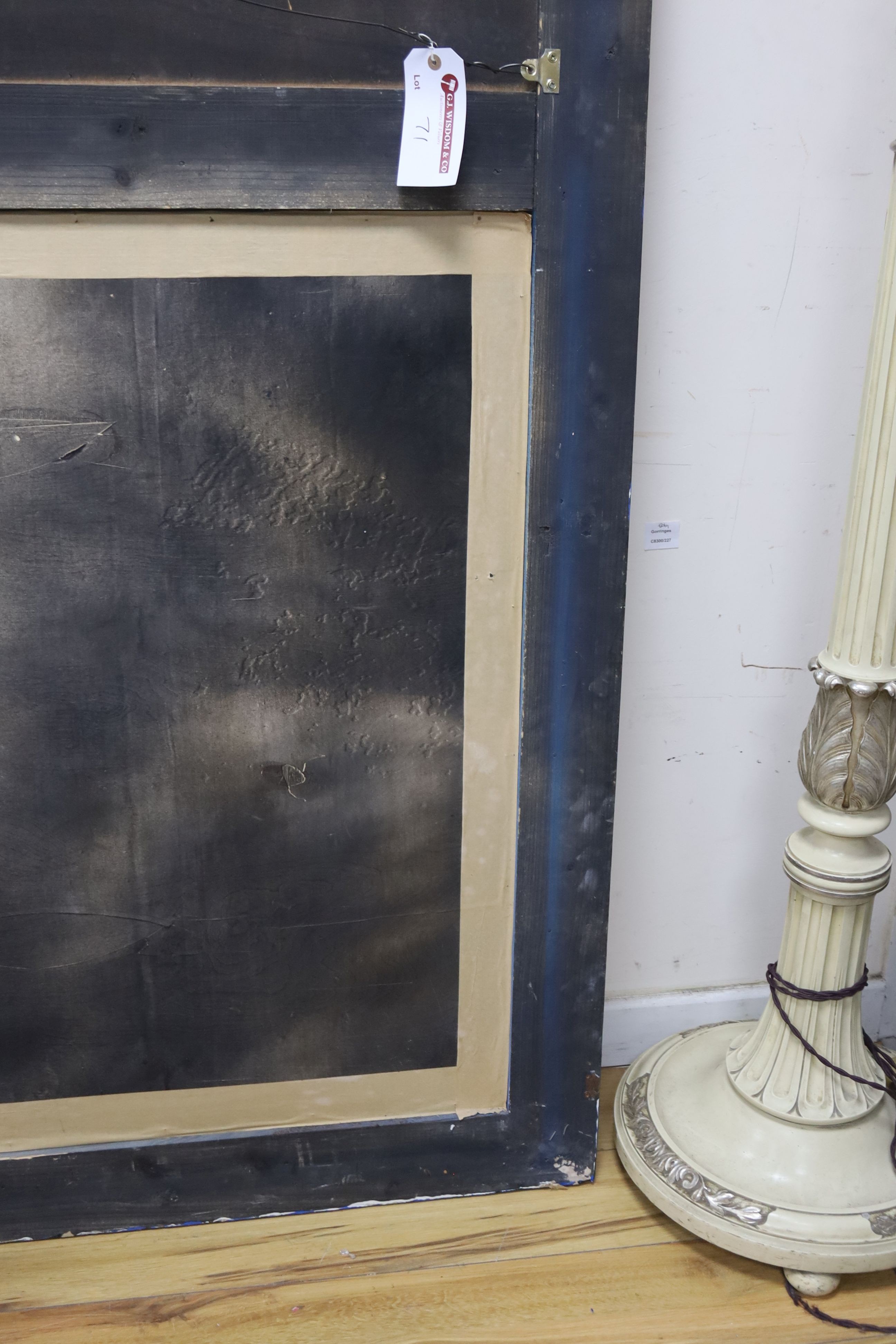 A 19th century French overmantel gilt and gesso mirror with musical themed emblem over on blue background, width 114cm, height 172cm